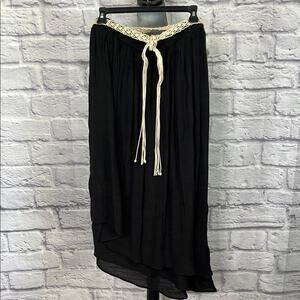 New Directions layered asymmetrical hem midi skirt with boho rope belt